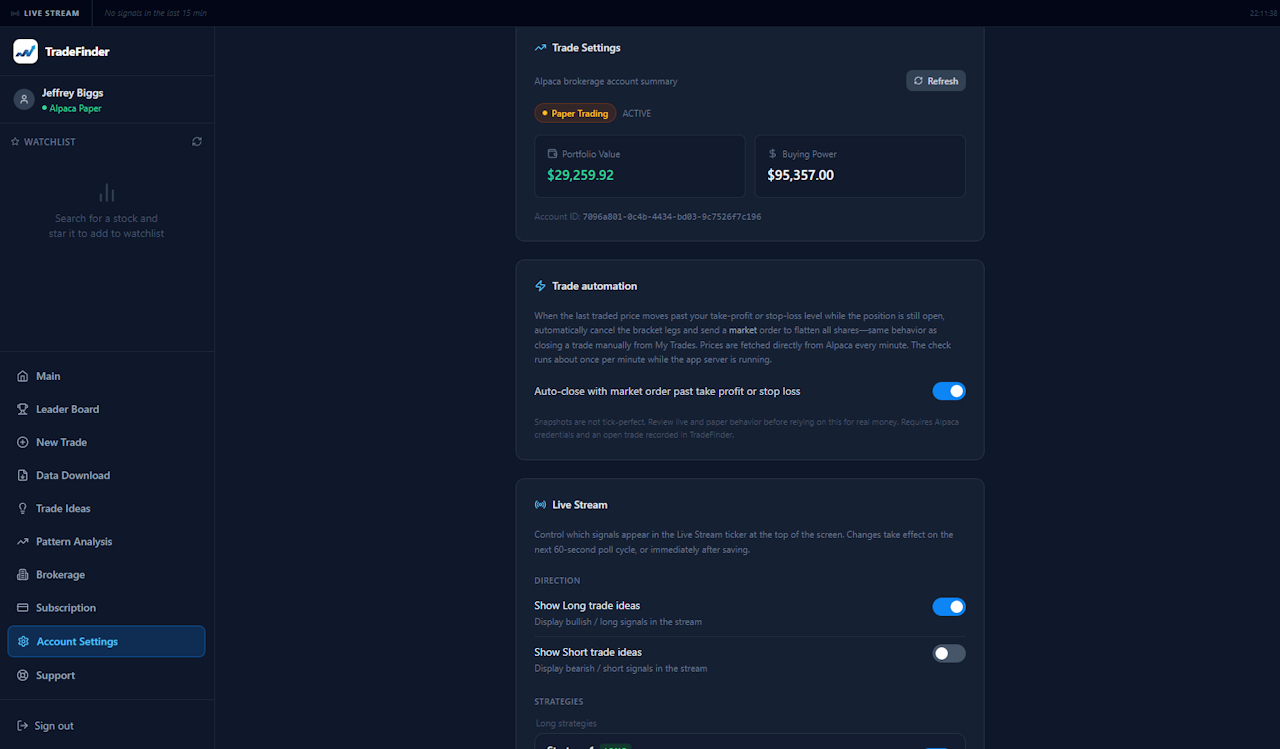 Account Settings — Trade Settings